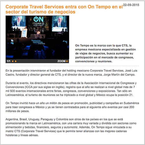 Corporate Travel Services entra con On Tempo en el sector del turismo de negocios